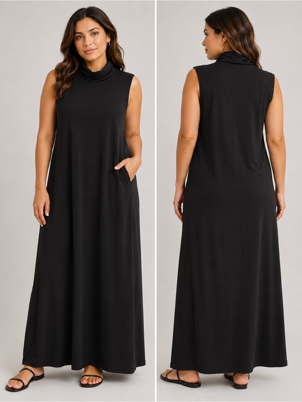 a new day Black Sleeveless Turtleneck Maxi Dress with Pockets